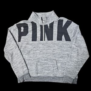 Victoria's Secret PINK Marl Gray Qtr-zip Pullover Sweatshirt Black Logo Grafic